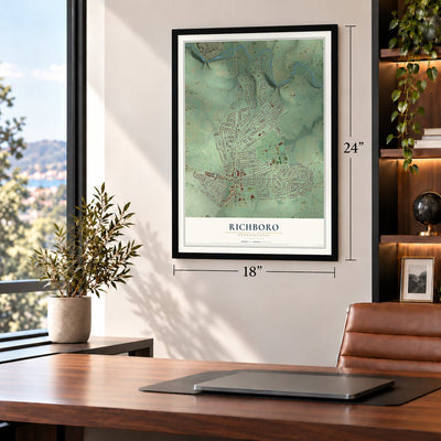 Richboro, Pennsylvania map, 18 x 24 inch print in a black frame in a home office