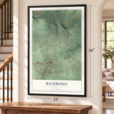 Richboro, Pennsylvania map, 24 x 36 inch print in a black frame by a staircase