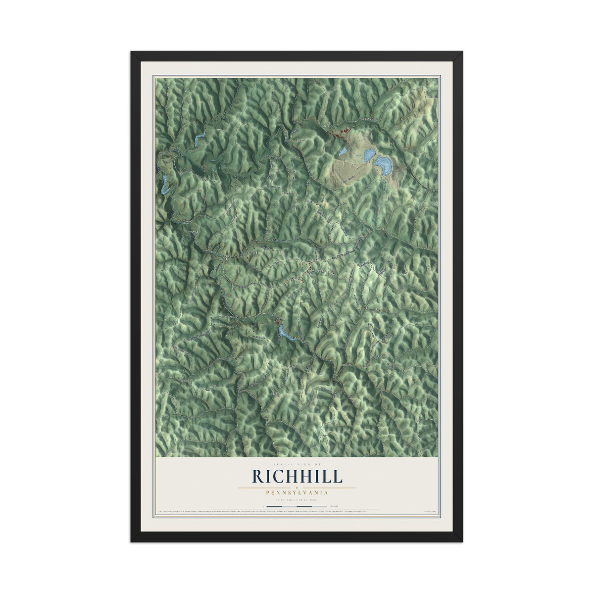Map of Richhill, Pennsylvania, 12 x 18 inch print in a black wood frame