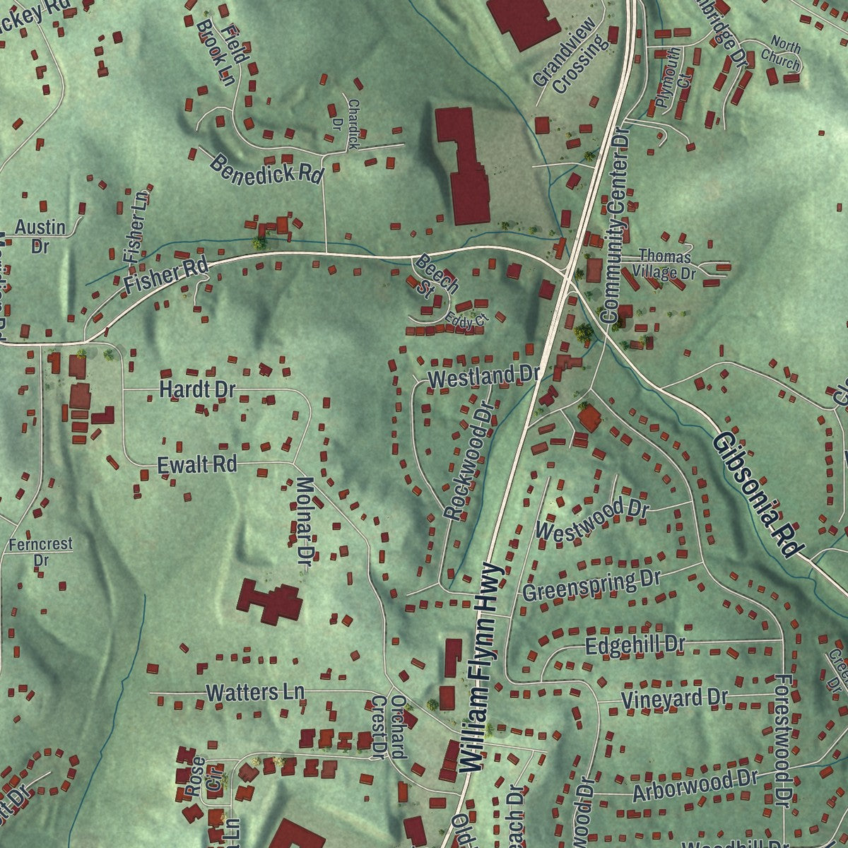 Close-up of the map of Richland, Allegheny County, Pennsylvania print showing street and building detail