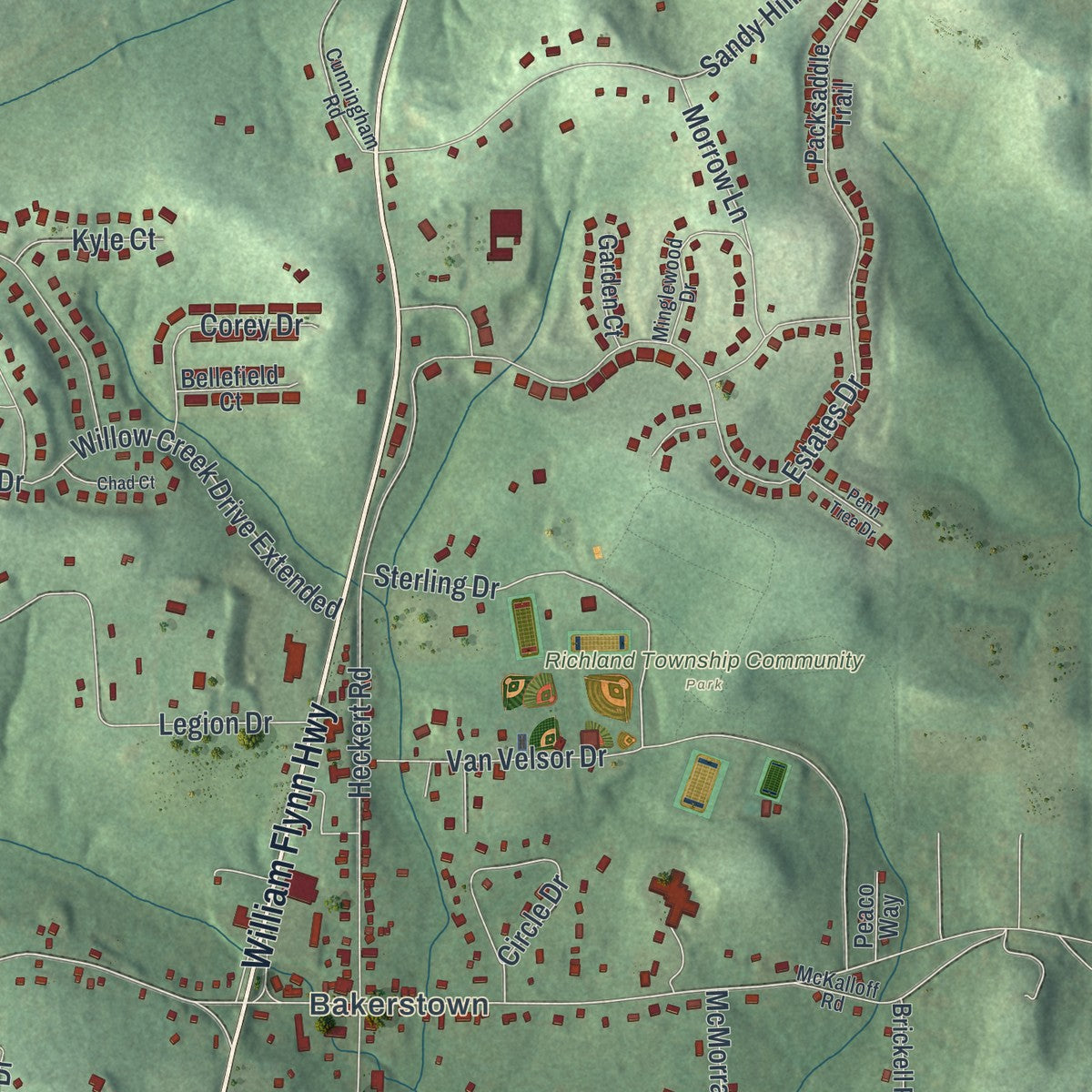 Second close-up of the map of Richland, Allegheny County, Pennsylvania print showing more streets and buildings