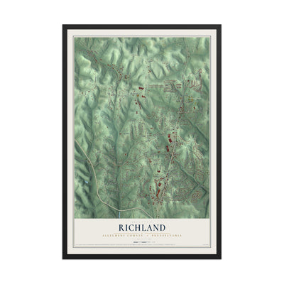 Map of Richland, Allegheny County, Pennsylvania, 12 x 18 inch print in a black wood frame