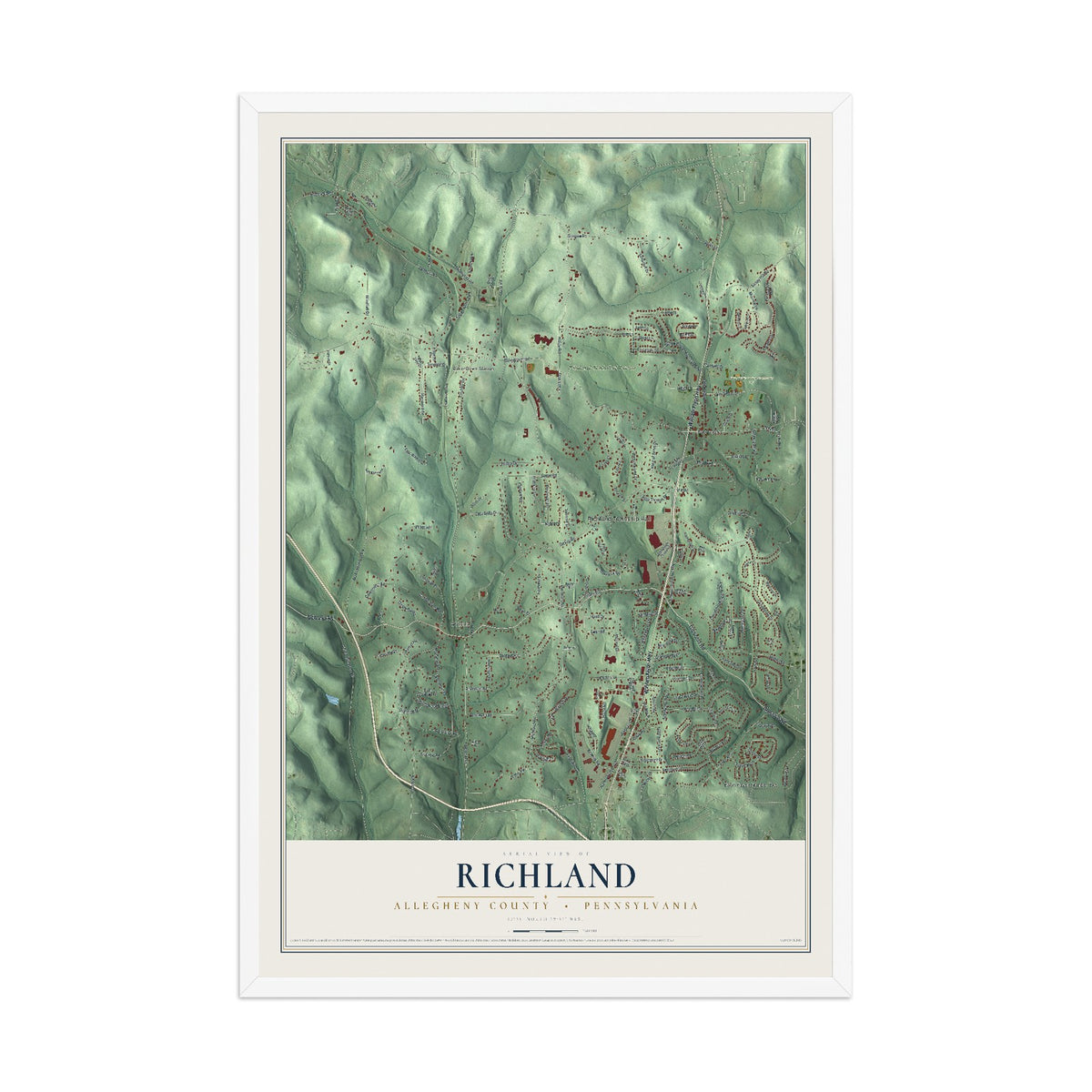 Map of Richland, Allegheny County, Pennsylvania, 12 x 18 inch print in a white wood frame