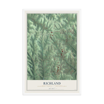 Map of Richland, Allegheny County, Pennsylvania, 12 x 18 inch print in a white wood frame