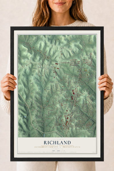 Map of Richland, Allegheny County, Pennsylvania, 18 x 24 inch print in a black wood frame