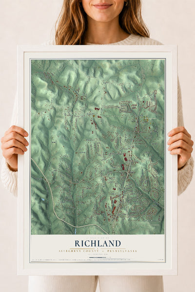 Map of Richland, Allegheny County, Pennsylvania, 18 x 24 inch print in a white wood frame
