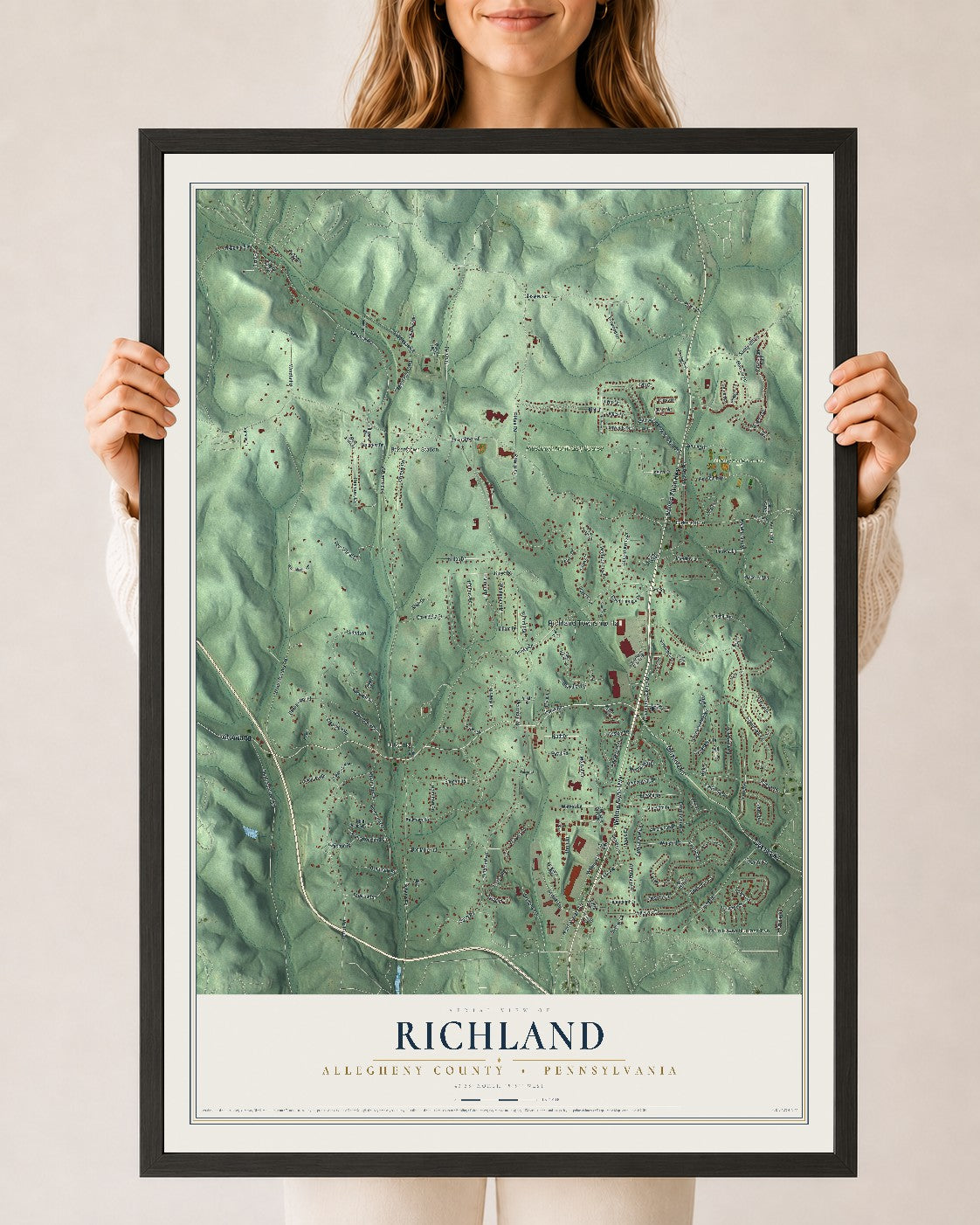 Map of Richland, Allegheny County, Pennsylvania, 24 x 36 inch print in a black wood frame