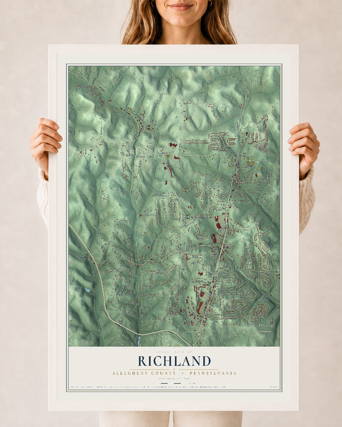 Map of Richland, Allegheny County, Pennsylvania, 24 x 36 inch print in a white wood frame
