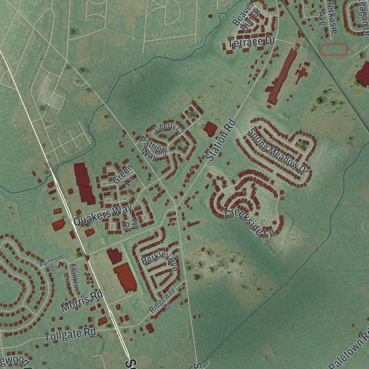 Close-up of the map of Richland, Bucks County, Pennsylvania print showing street and building detail