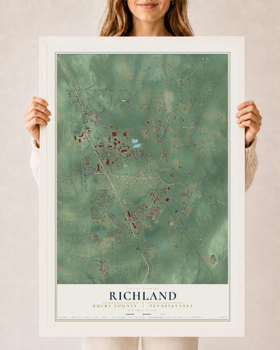 Map of Richland, Bucks County, Pennsylvania, 24 x 36 inch print in a white wood frame
