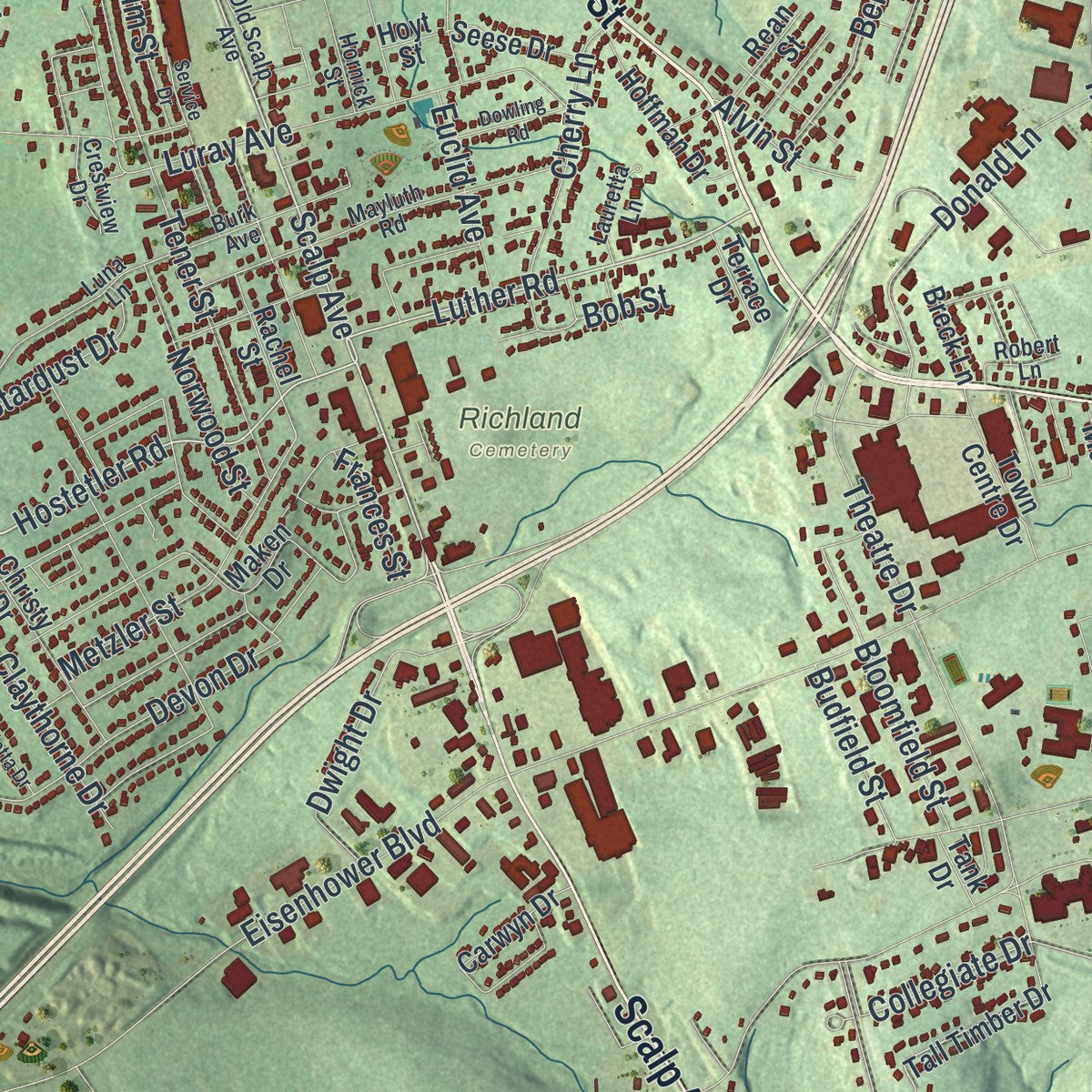 Close-up of the map of Richland, Cambria County, Pennsylvania print showing street and building detail