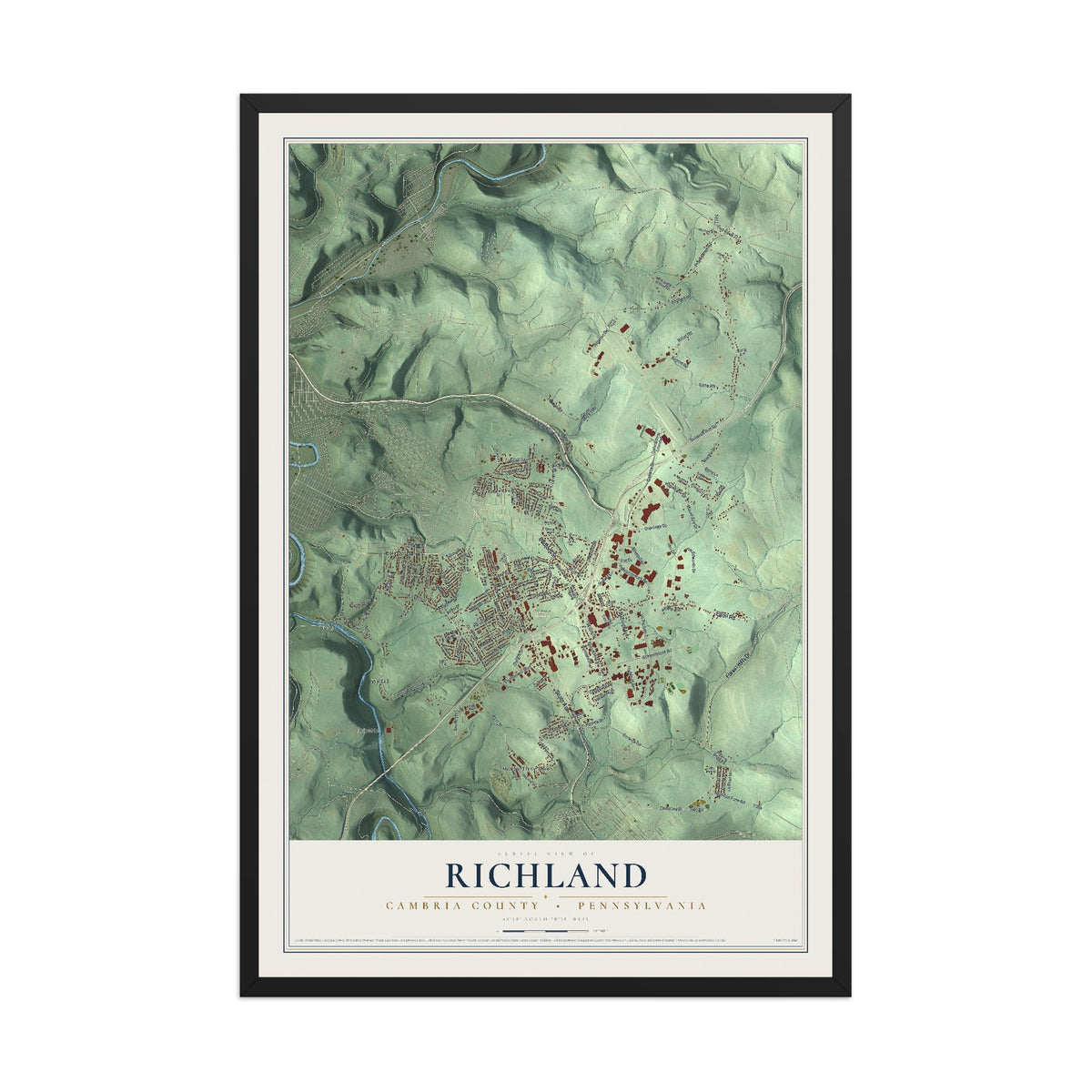 Map of Richland, Cambria County, Pennsylvania, 12 x 18 inch print in a black wood frame