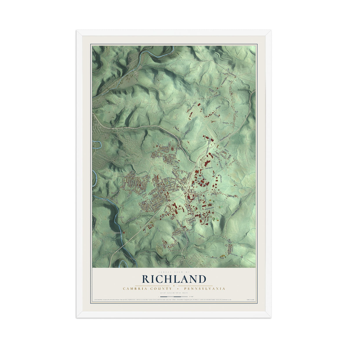 Map of Richland, Cambria County, Pennsylvania, 12 x 18 inch print in a white wood frame