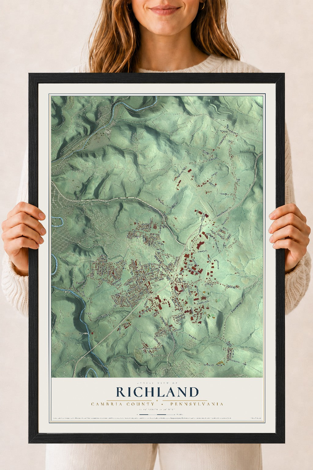 Map of Richland, Cambria County, Pennsylvania, 18 x 24 inch print in a black wood frame