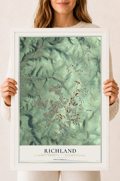 Map of Richland, Cambria County, Pennsylvania, 18 x 24 inch print in a white wood frame