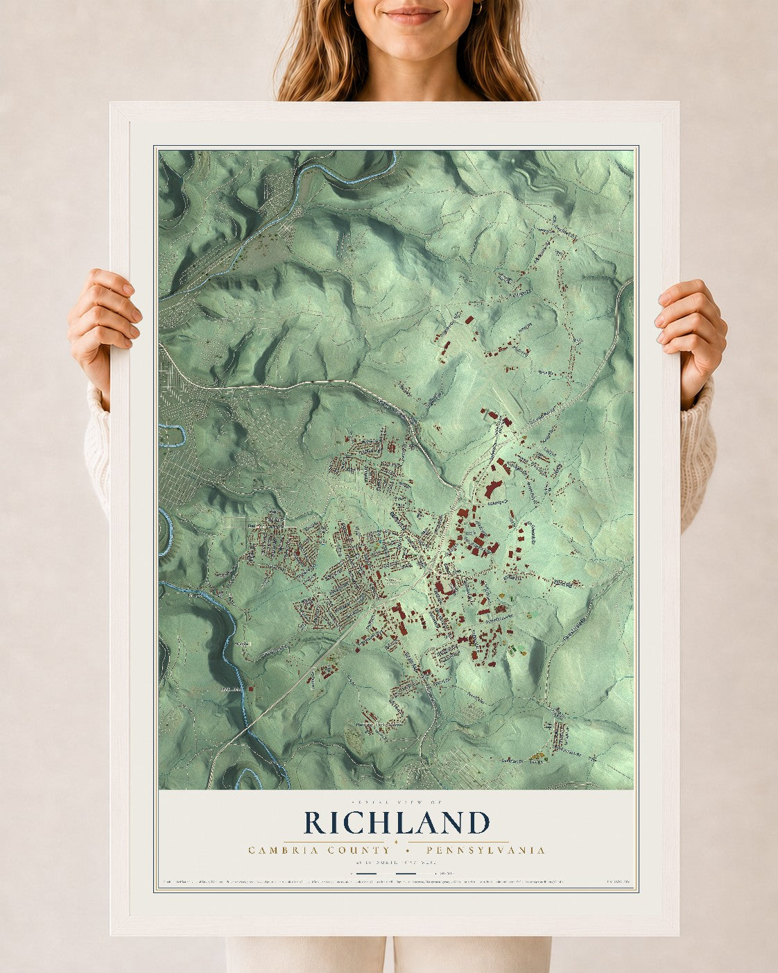 Map of Richland, Cambria County, Pennsylvania, 24 x 36 inch print in a white wood frame