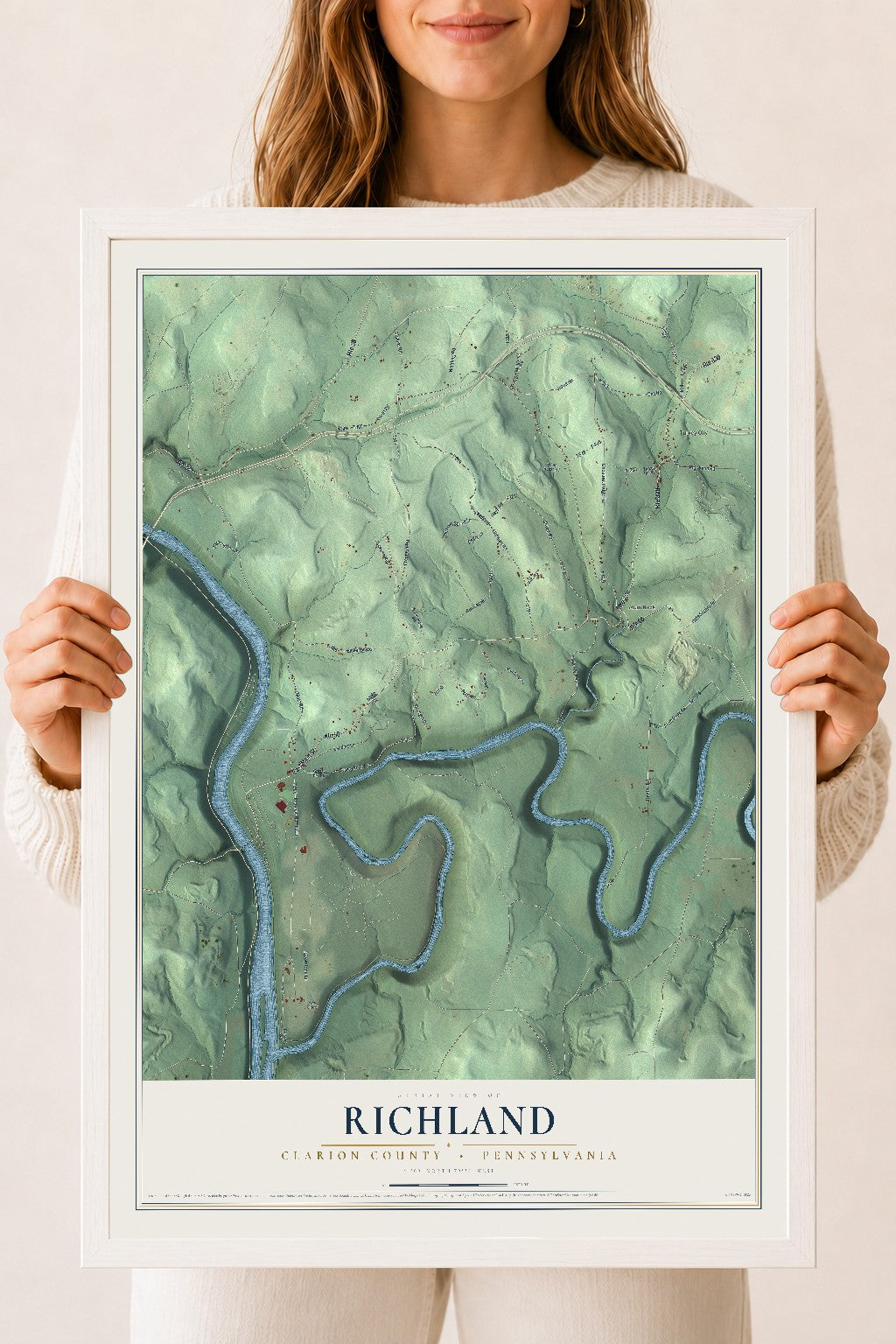 Map of Richland, Clarion County, Pennsylvania, 18 x 24 inch print in a white wood frame