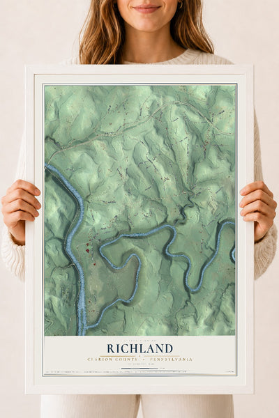 Map of Richland, Clarion County, Pennsylvania, 18 x 24 inch print in a white wood frame