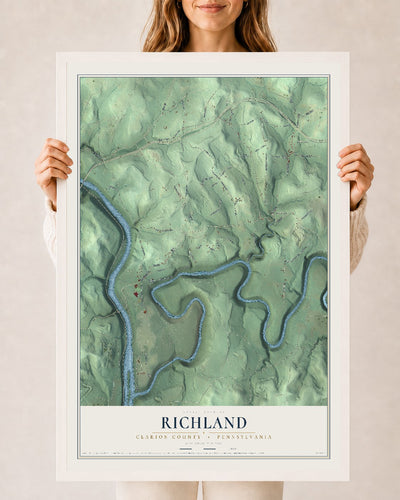 Map of Richland, Clarion County, Pennsylvania, 24 x 36 inch print in a white wood frame