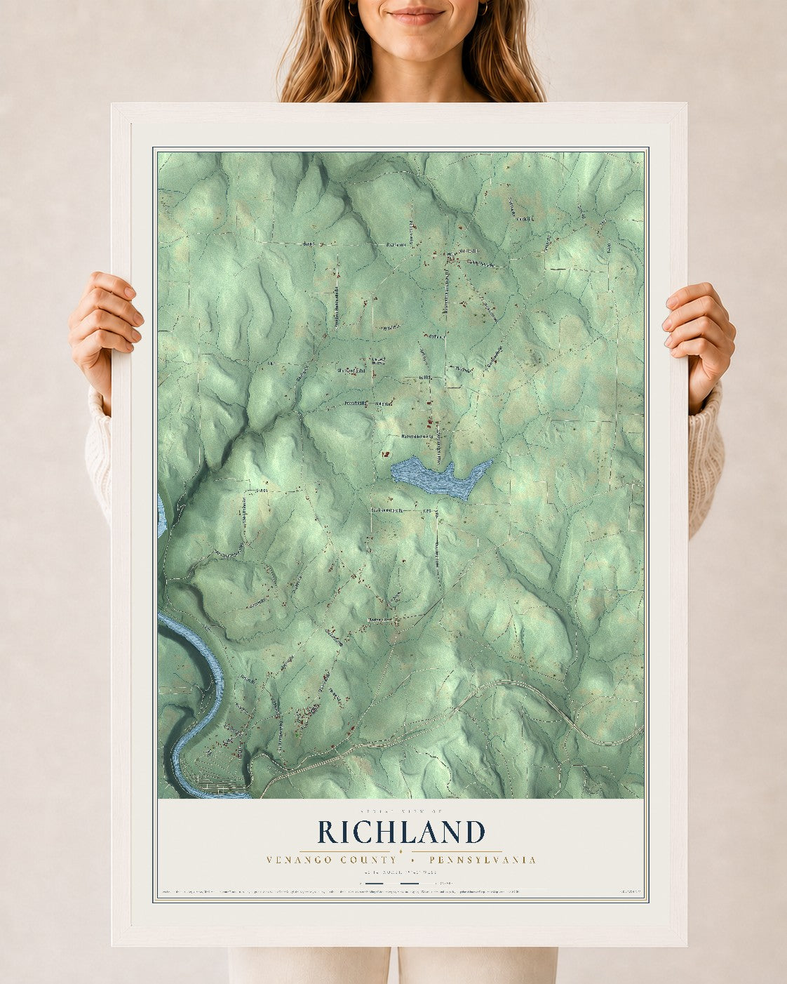 Map of Richland, Venango County, Pennsylvania, 24 x 36 inch print in a white wood frame