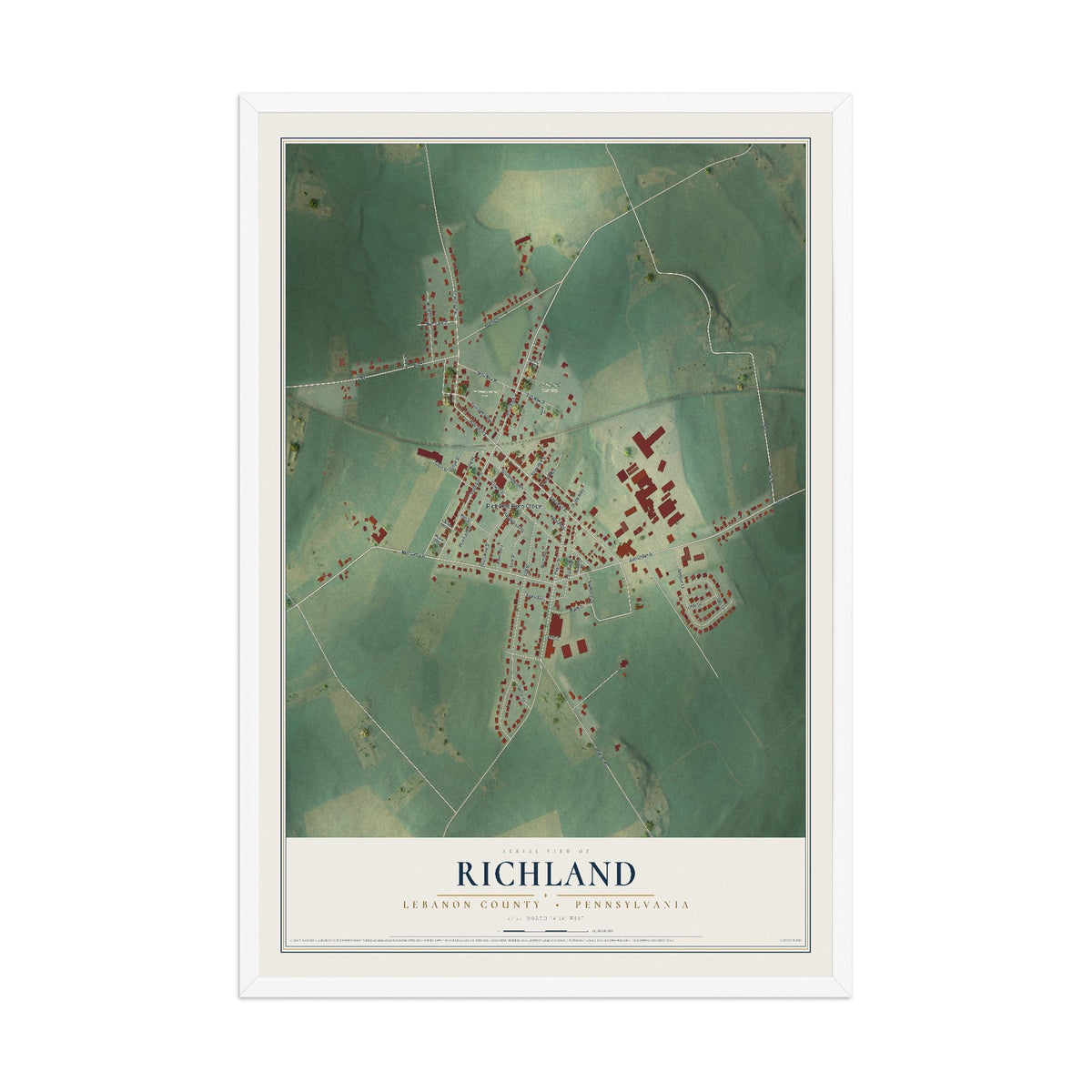 Map of Richland, Lebanon County, Pennsylvania, 12 x 18 inch print in a white wood frame