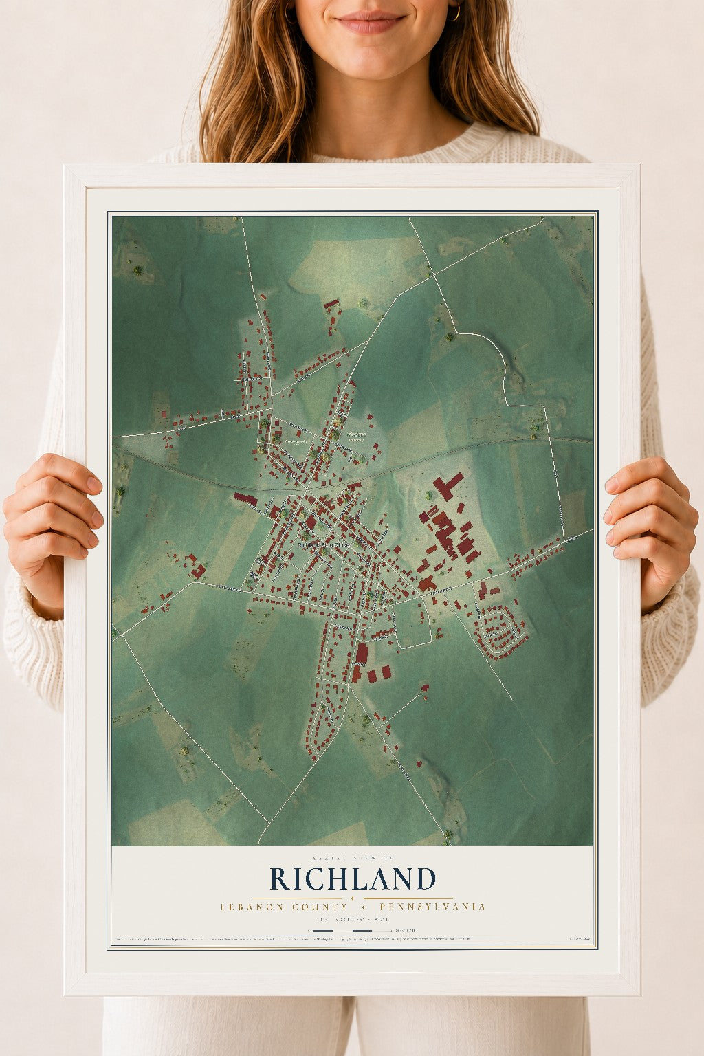 Map of Richland, Lebanon County, Pennsylvania, 18 x 24 inch print in a white wood frame