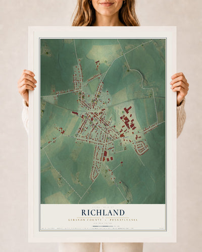 Map of Richland, Lebanon County, Pennsylvania, 24 x 36 inch print in a white wood frame