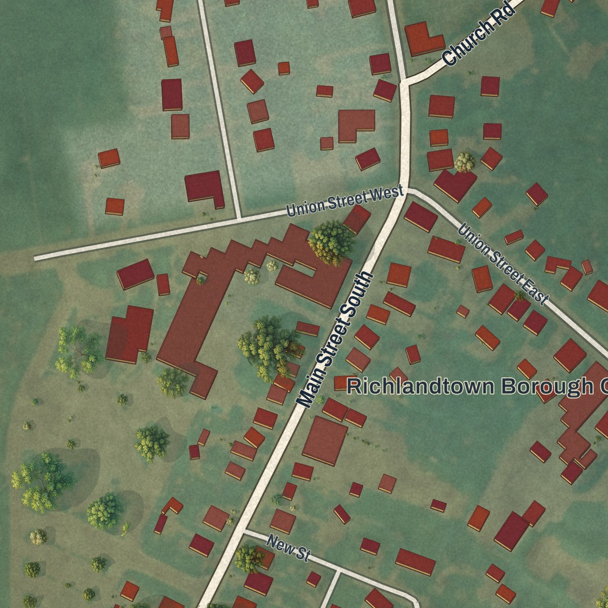 Second close-up of the map of Richlandtown, Pennsylvania print showing more streets and buildings