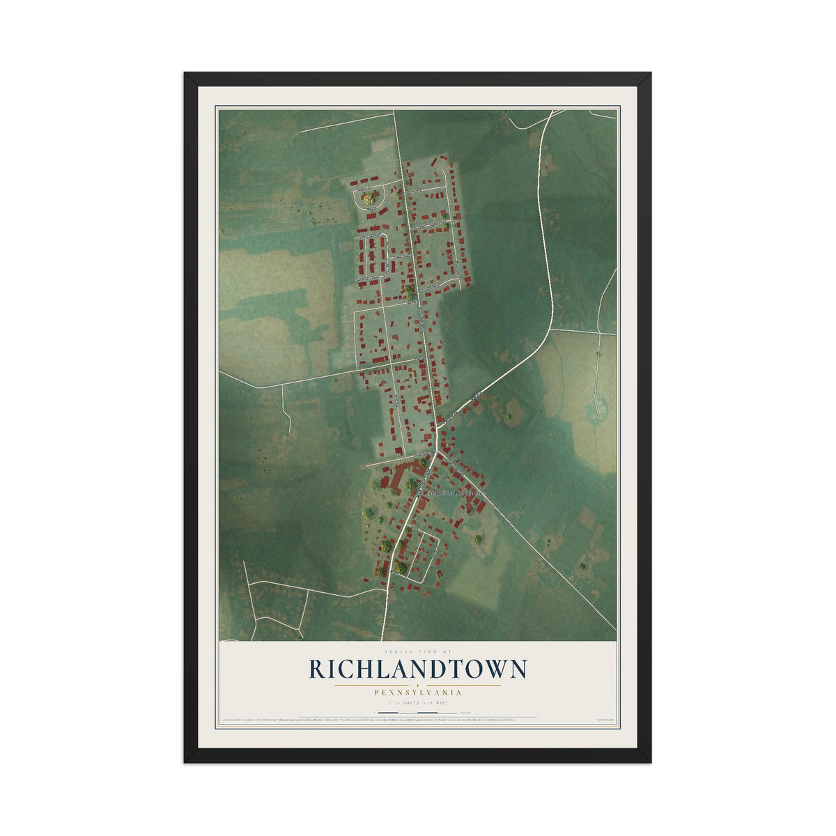 Map of Richlandtown, Pennsylvania, 12 x 18 inch print in a black wood frame