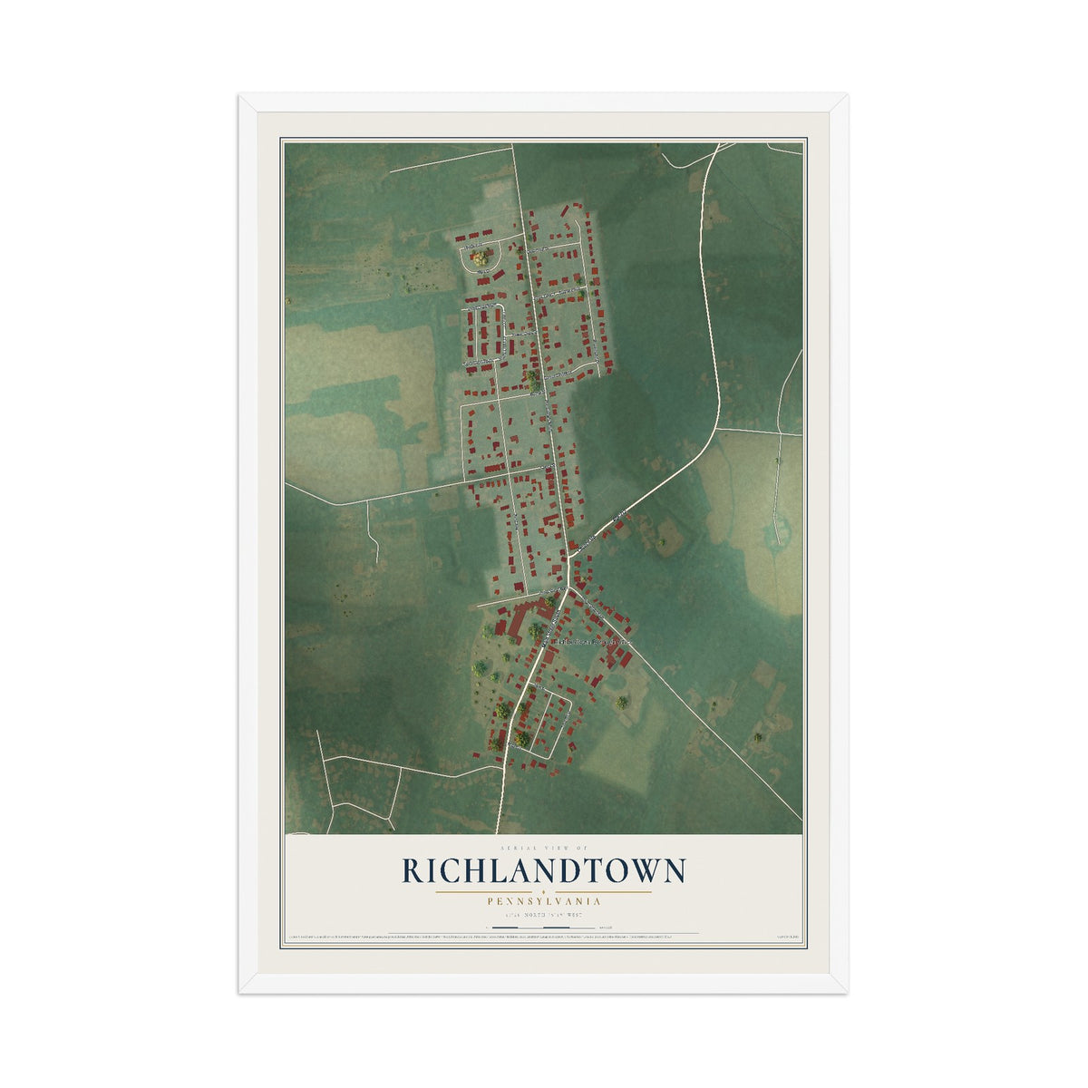 Map of Richlandtown, Pennsylvania, 12 x 18 inch print in a white wood frame