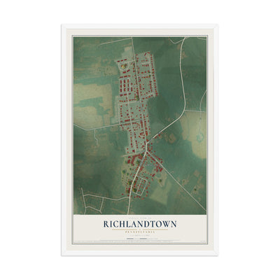 Map of Richlandtown, Pennsylvania, 12 x 18 inch print in a white wood frame