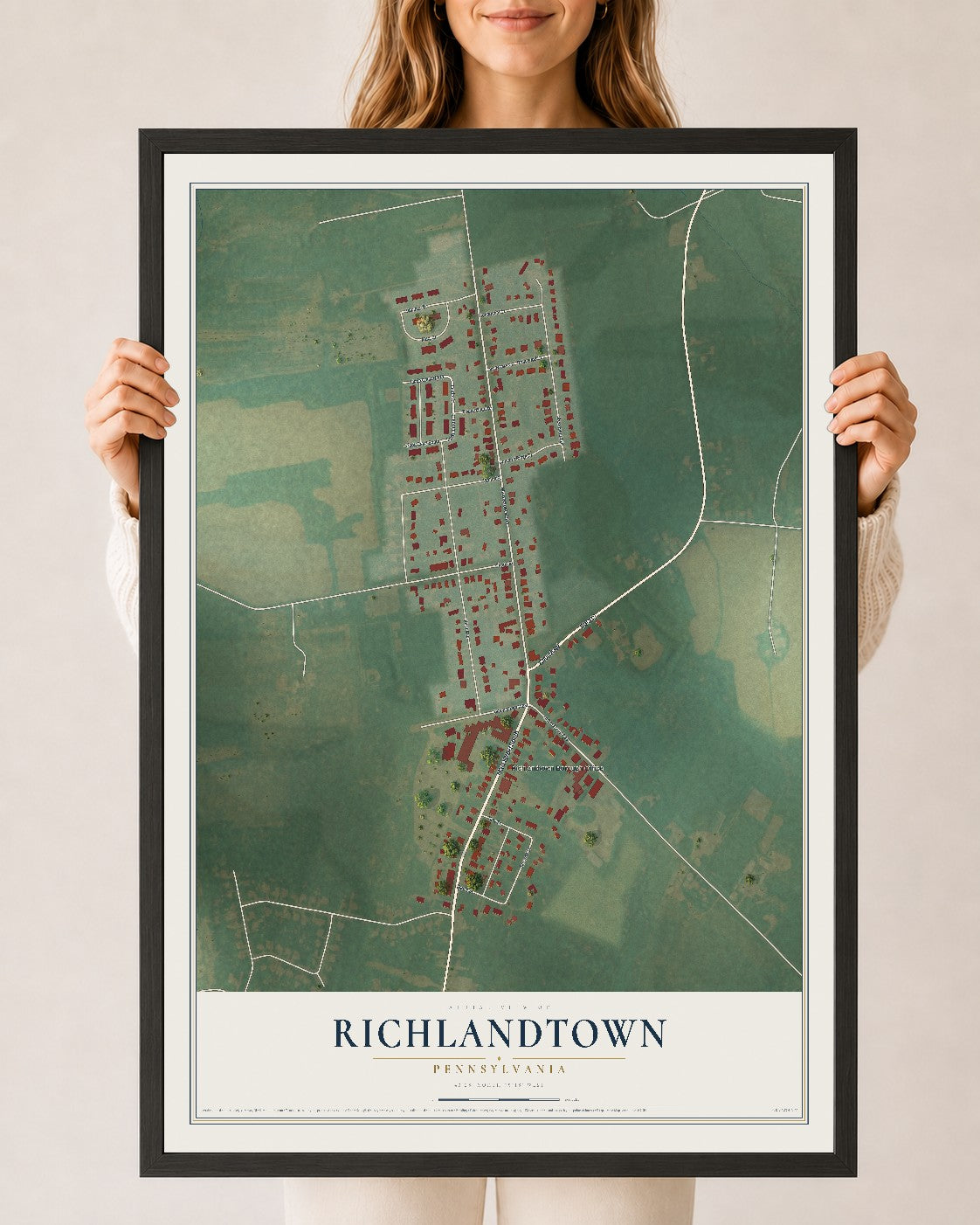 Map of Richlandtown, Pennsylvania, 24 x 36 inch print in a black wood frame