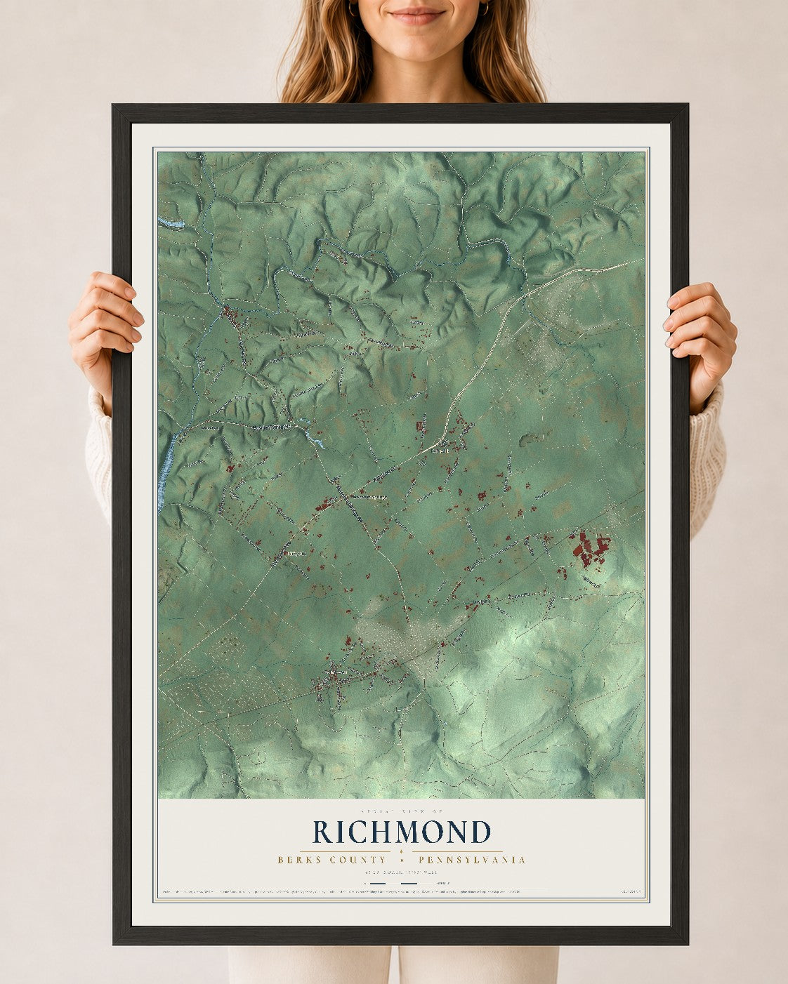 Map of Richmond, Berks County, Pennsylvania, 24 x 36 inch print in a black wood frame