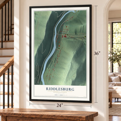 Riddlesburg, Pennsylvania map, 24 x 36 inch print in a black frame by a staircase