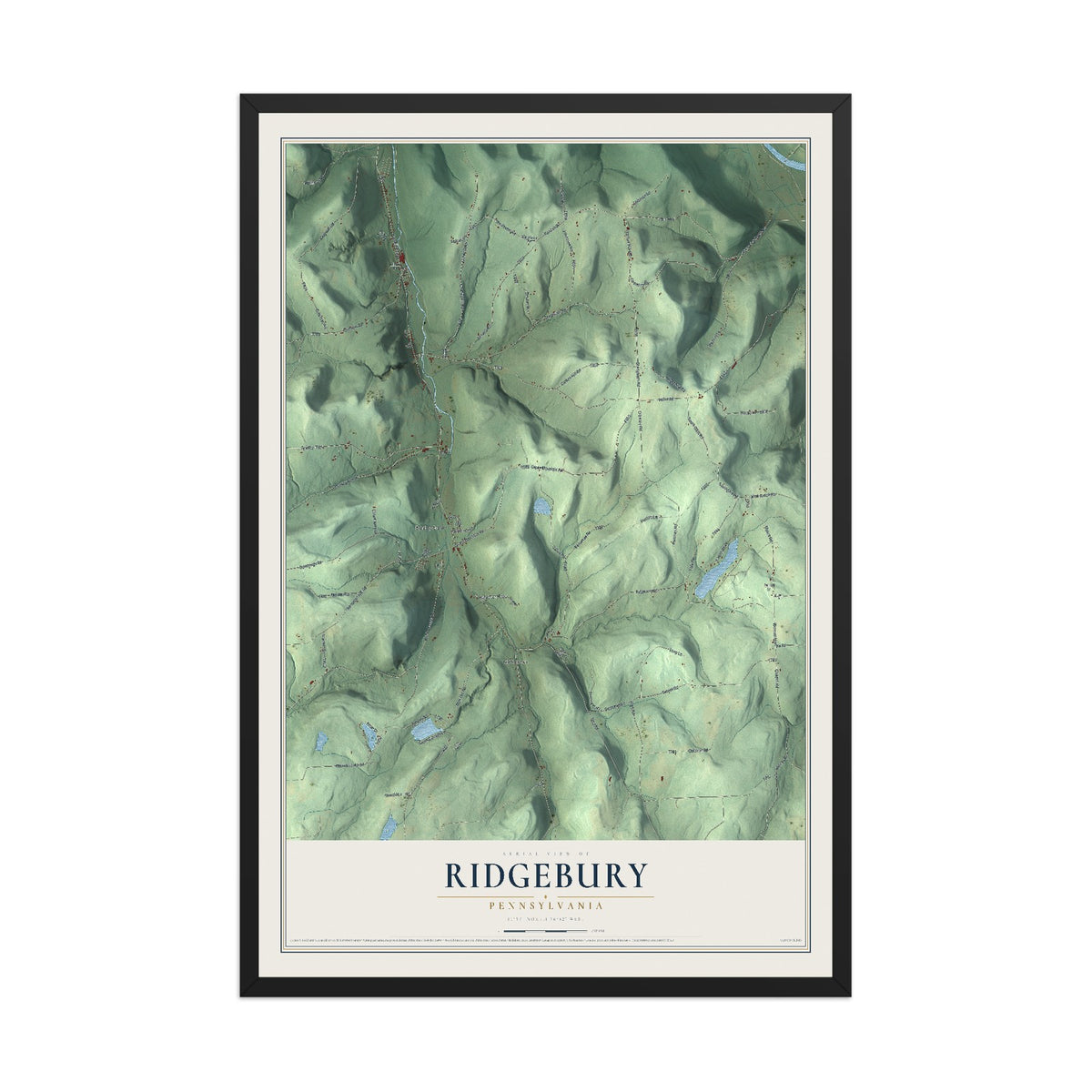Map of Ridgebury, Pennsylvania, 12 x 18 inch print in a black wood frame