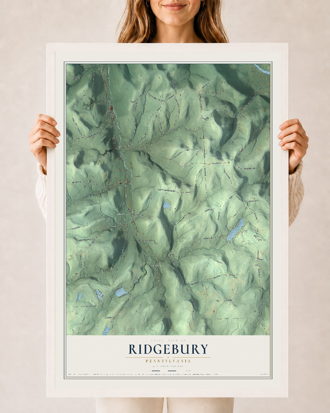 Map of Ridgebury, Pennsylvania, 24 x 36 inch print in a white wood frame