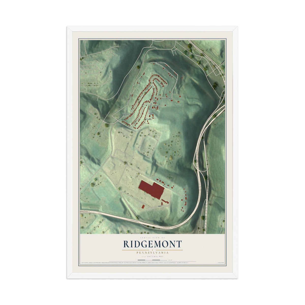 Map of Ridgemont, Pennsylvania, 12 x 18 inch print in a white wood frame
