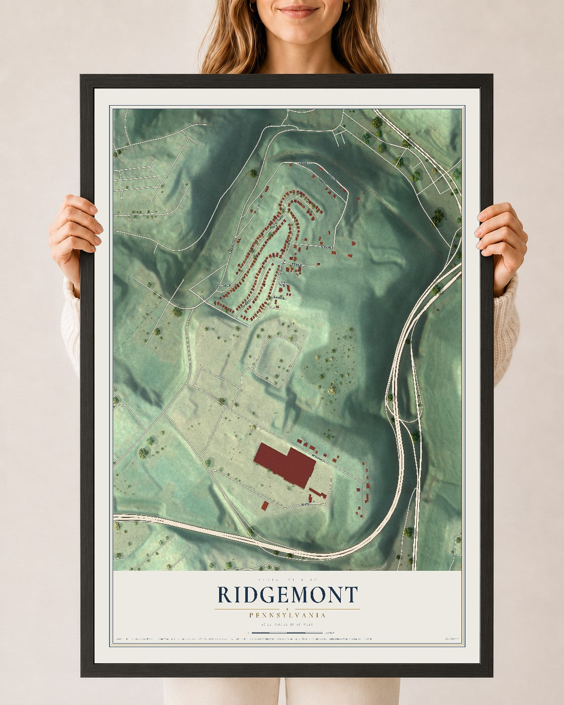 Map of Ridgemont, Pennsylvania, 24 x 36 inch print in a black wood frame
