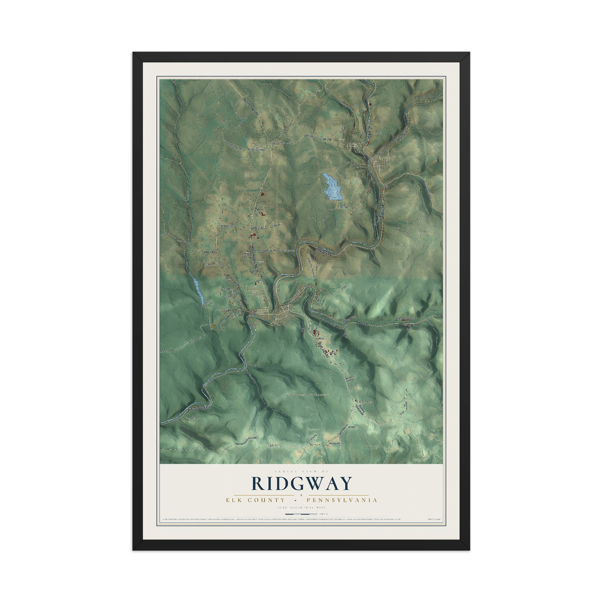 Map of Ridgway, Elk County, Pennsylvania, 12 x 18 inch print in a black wood frame
