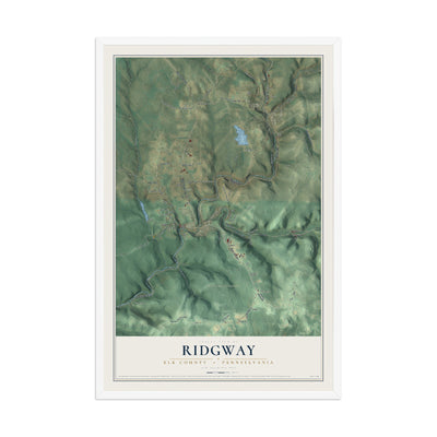 Map of Ridgway, Elk County, Pennsylvania, 12 x 18 inch print in a white wood frame