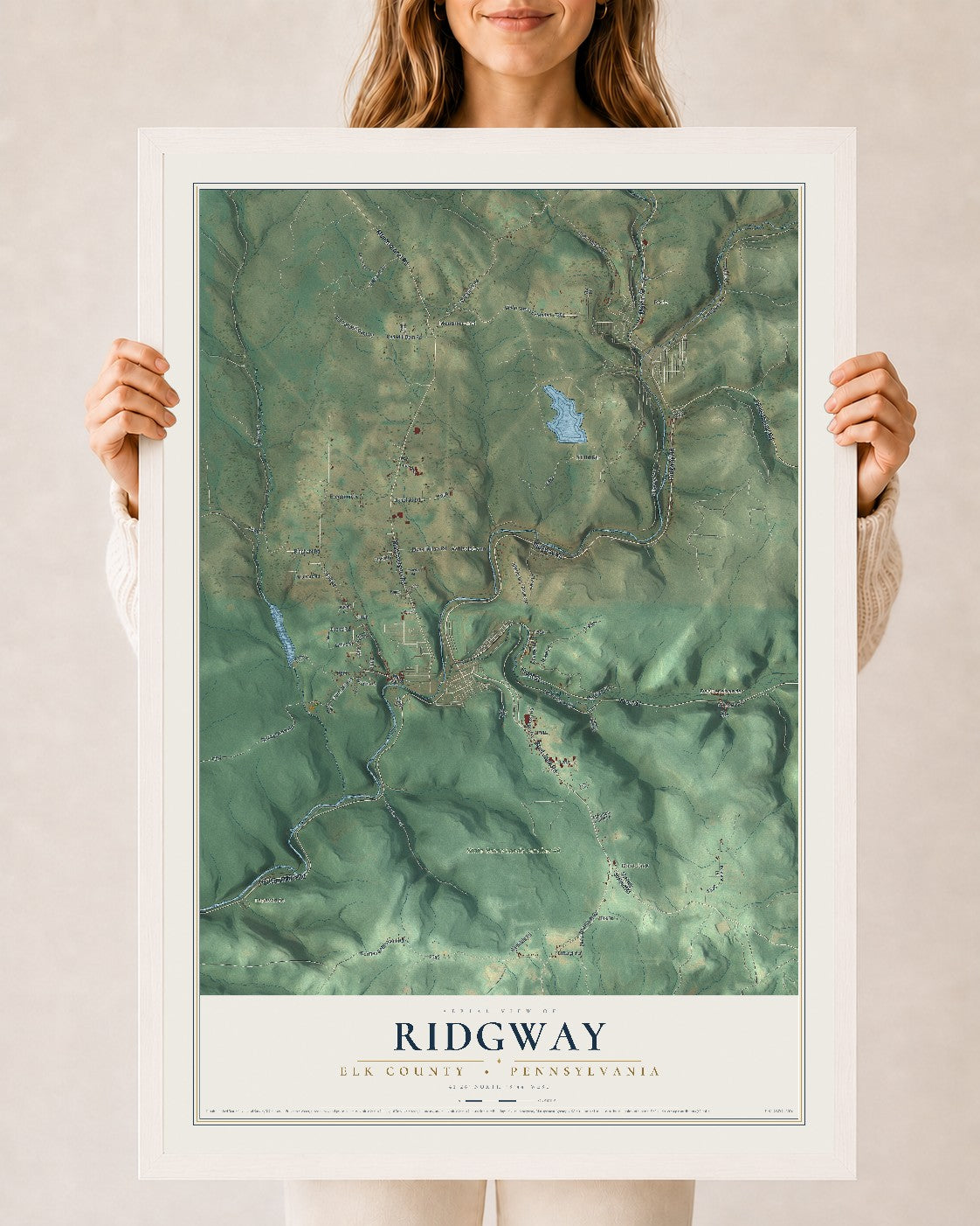 Map of Ridgway, Elk County, Pennsylvania, 24 x 36 inch print in a white wood frame