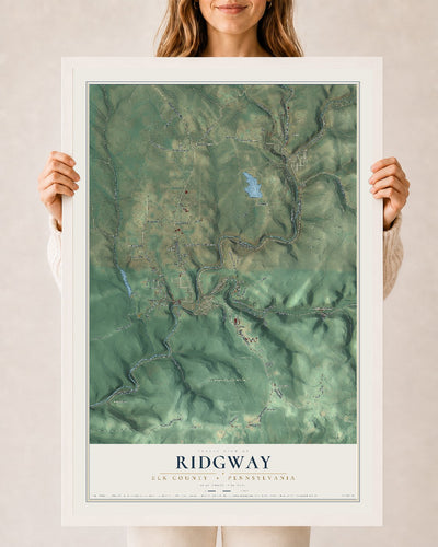 Map of Ridgway, Elk County, Pennsylvania, 24 x 36 inch print in a white wood frame
