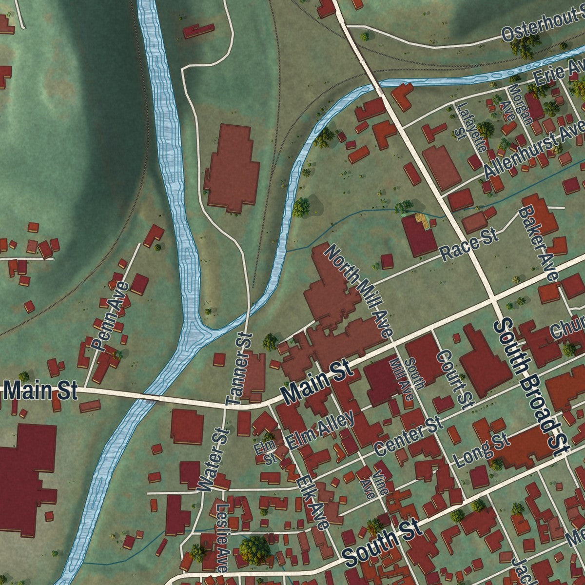 Second close-up of the map of the Borough of Ridgway, Elk County, Pennsylvania print showing more streets and buildings