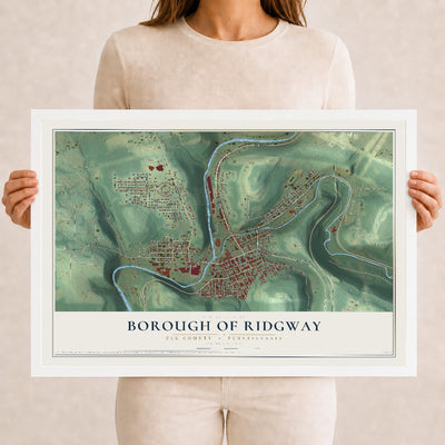 Map of the Borough of Ridgway, Elk County, Pennsylvania, 12 x 18 inch print in a white wood frame