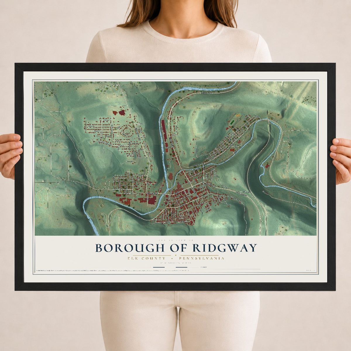 Map of the Borough of Ridgway, Elk County, Pennsylvania, 18 x 24 inch print in a black wood frame