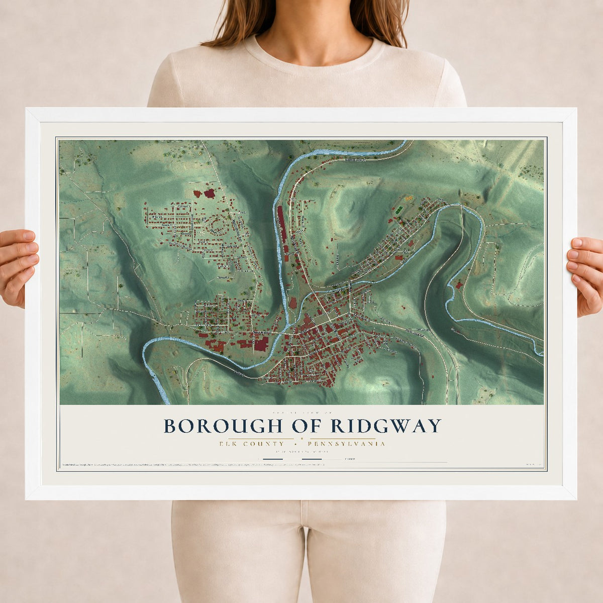 Map of the Borough of Ridgway, Elk County, Pennsylvania, 18 x 24 inch print in a white wood frame