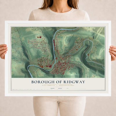 Map of the Borough of Ridgway, Elk County, Pennsylvania, 18 x 24 inch print in a white wood frame
