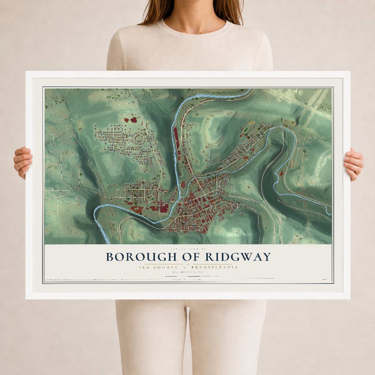 Map of the Borough of Ridgway, Elk County, Pennsylvania, 24 x 36 inch print in a white wood frame