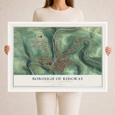 Map of the Borough of Ridgway, Elk County, Pennsylvania, 24 x 36 inch print in a white wood frame