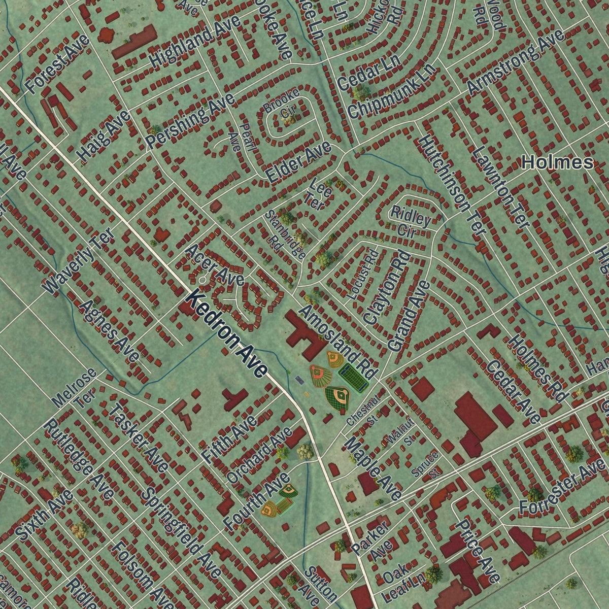 Close-up of the map of Ridley, Pennsylvania print showing street and building detail